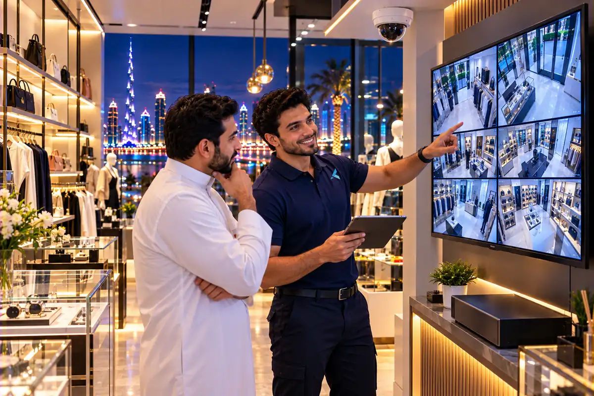 Azizi engineer reviewing a boutique's CCTV feeds with the owner before quoting a maintenance contract