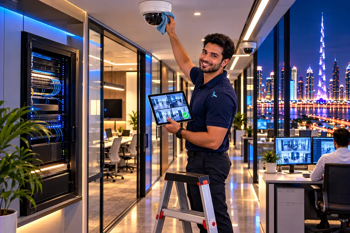 Azizi engineer cleaning a ceiling CCTV dome on a maintenance visit, camera feeds confirmed on his tablet
