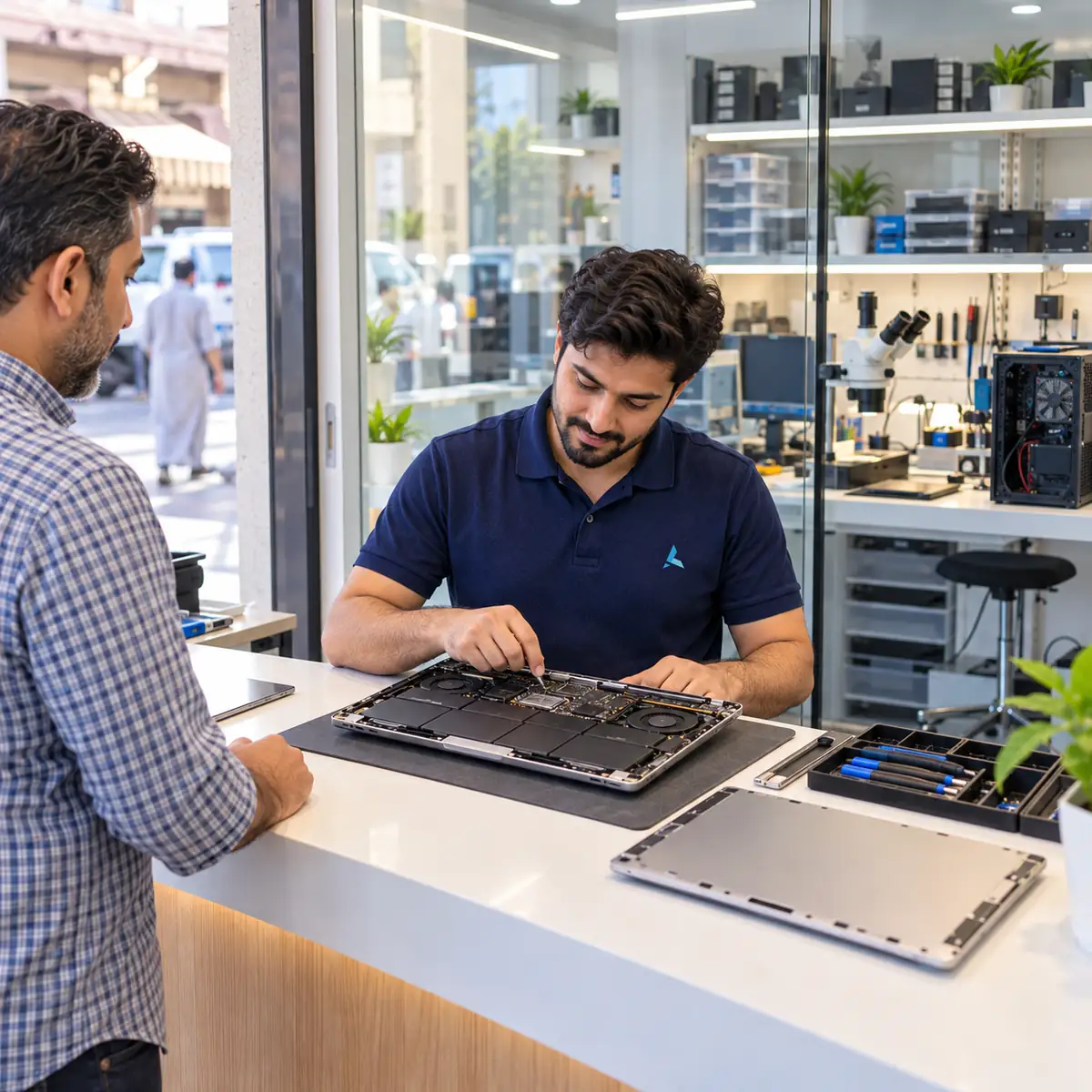 An Azizi technician checking a customer's opened laptop at the walk-in counter of the Bur Dubai workshop