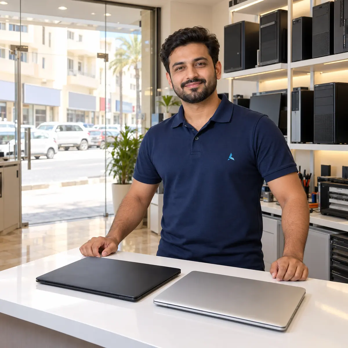 Computer repair near Karama: Azizi technician at the walk-in counter of the Bur Dubai workshop with a Windows laptop and a MacBook