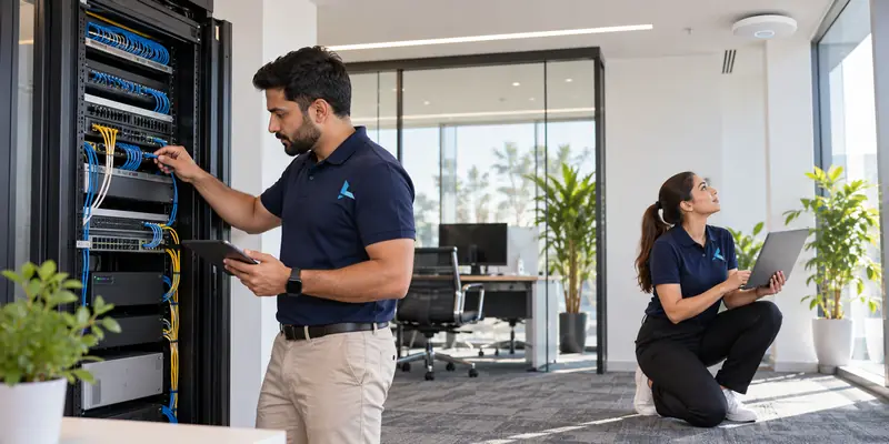Two Azizi engineers checking an office network rack and testing a Wi-Fi access point during an IT support visit
