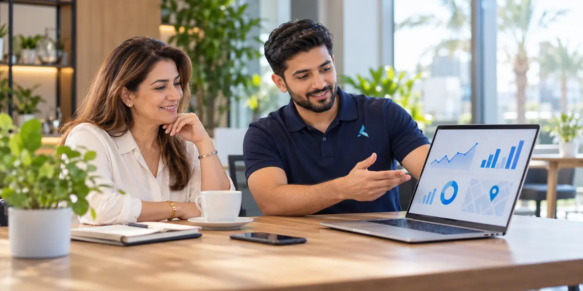 An Azizi marketing specialist walking a small-business owner through local search results on a laptop
