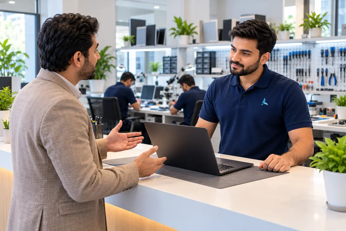 Customer describing a crackling MacBook Pro speaker to an Azizi technician at the Dubai repair counter