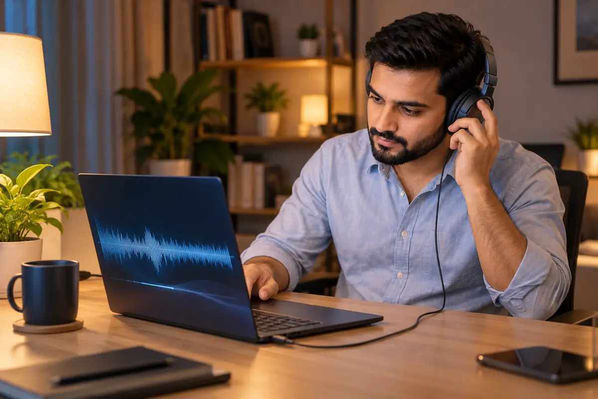 MacBook Pro owner comparing wired headphones with the built-in speakers at his desk
