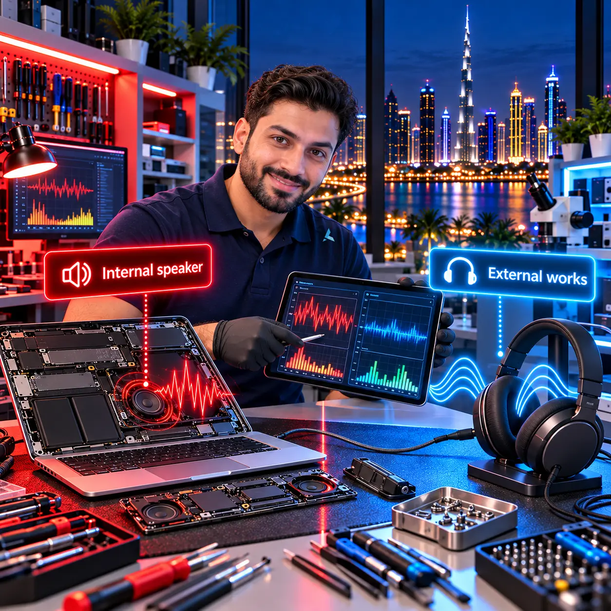 Isometric cutaway of a MacBook Pro M4 opened on a Dubai repair bench: the internal speaker crackling with distorted waves while external headphones play clean, and an Azizi Technologies engineer testing the speaker on an audio analyser