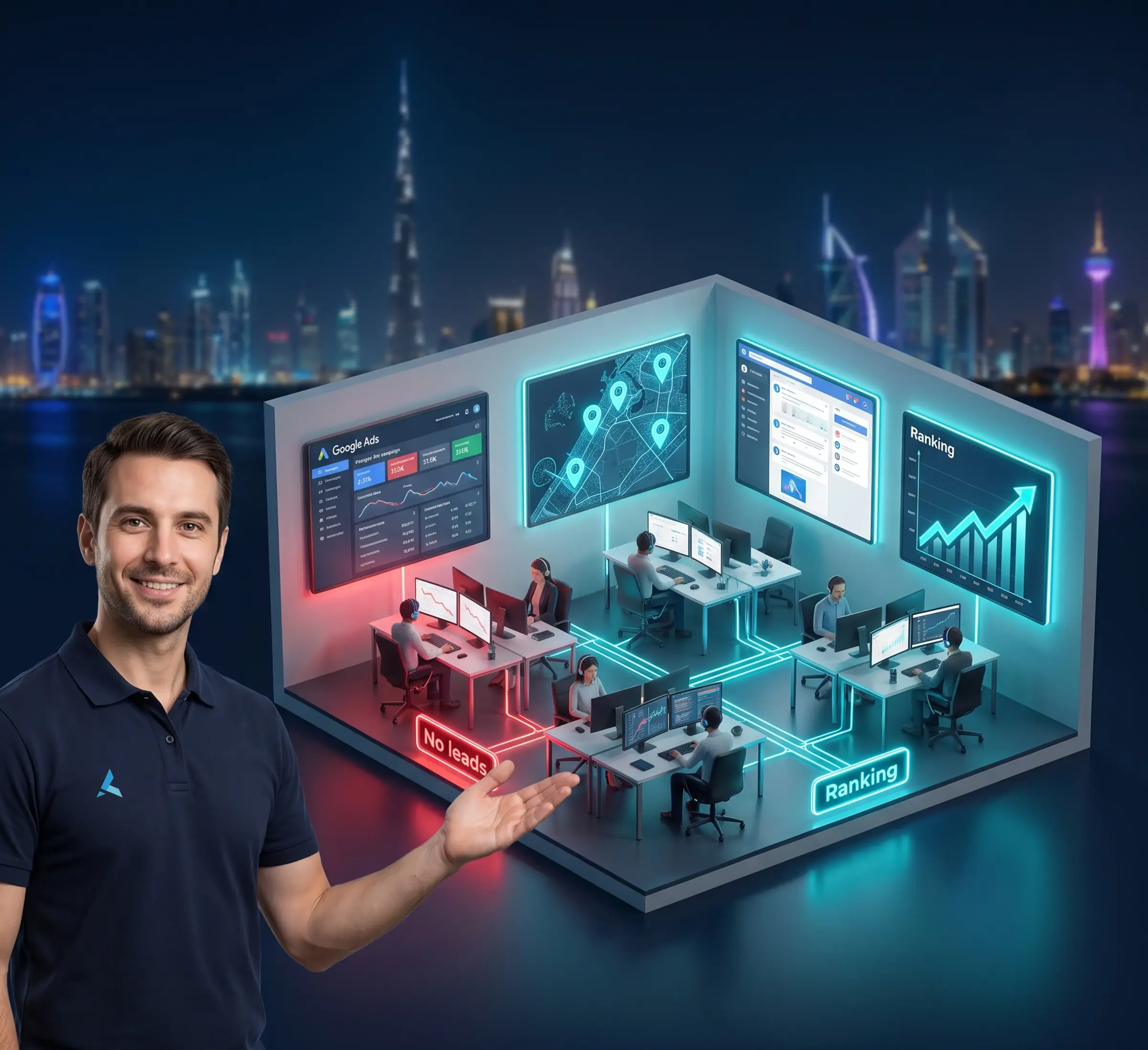 Isometric cutaway of the Azizi Technologies digital marketing floor in Dubai Media City with Google Ads, map pack and ranking dashboards on the walls