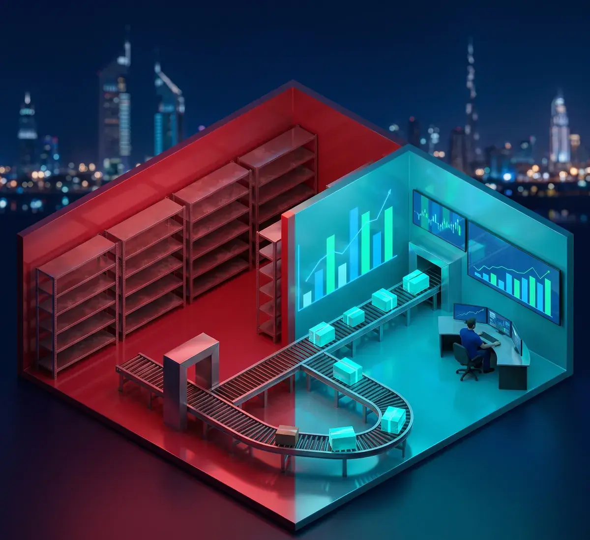 Azizi Technologies ecommerce SEO for a Dubai store, idle shelves and an empty order queue on one side and packed parcels with rising sales on the other