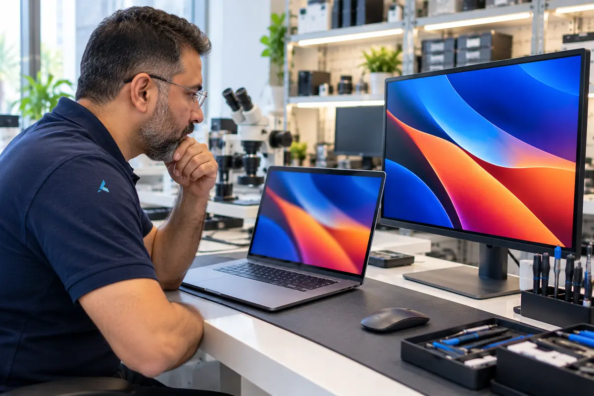An Azizi technician comparing the same image on a laptop and an external monitor to judge the blur