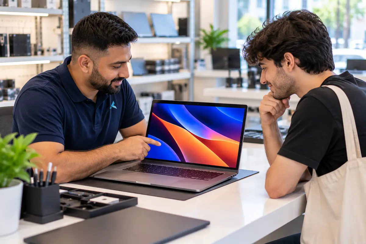 A technician showing a customer his laptop's sharp new screen at the consultation desk