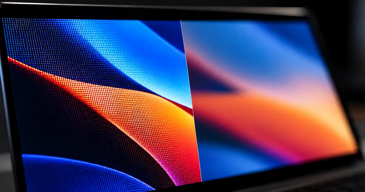 A laptop screen close-up, sharp on one half and soft on the other, as when the panel draws at the wrong resolution
