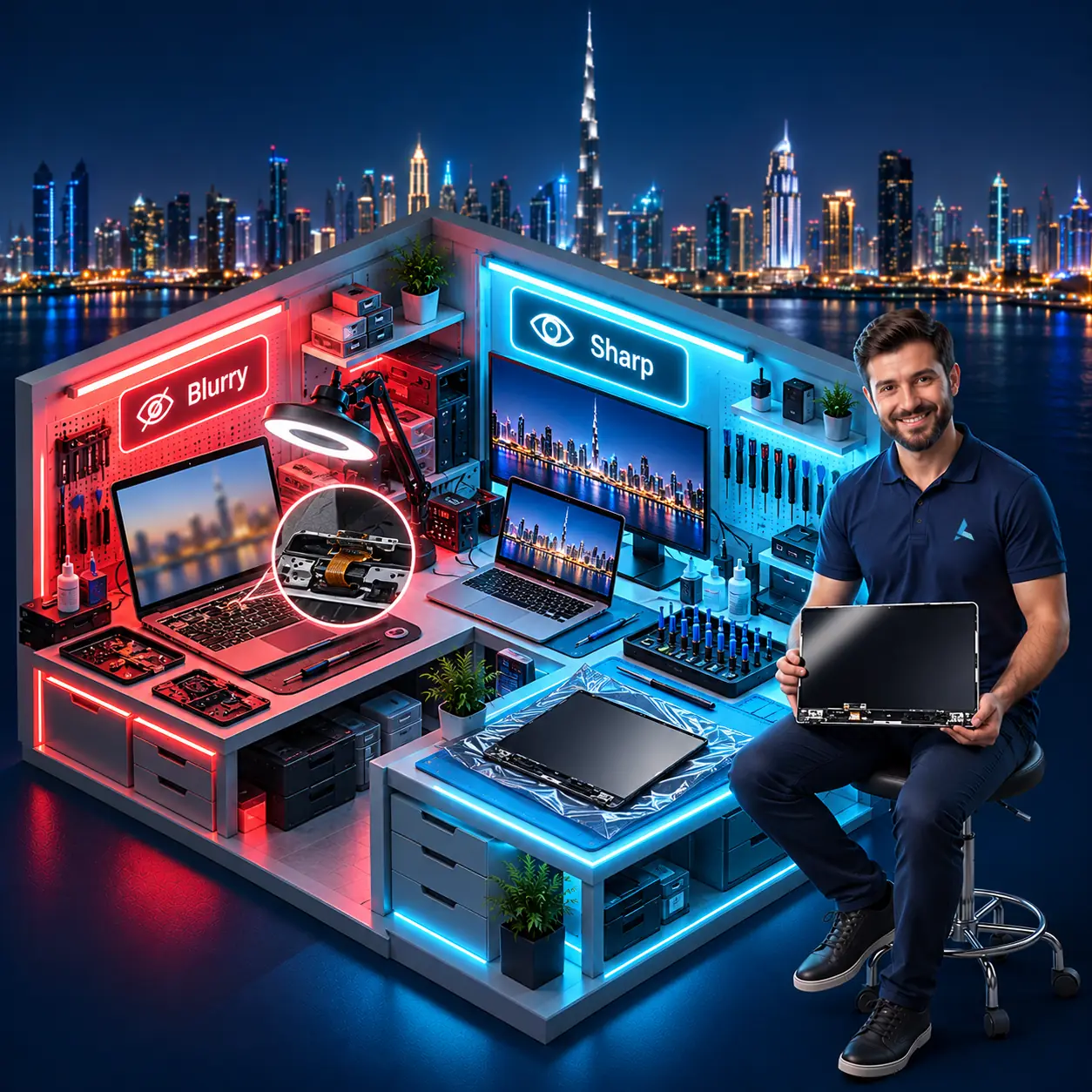 Isometric cutaway of a MacBook Pro 16 repair bench: the built-in display blurry with its flex cable under a magnifier on the red side, the same laptop sharp on an external monitor and a spare display assembly on the cyan side, with an Azizi Technologies engineer holding the panel