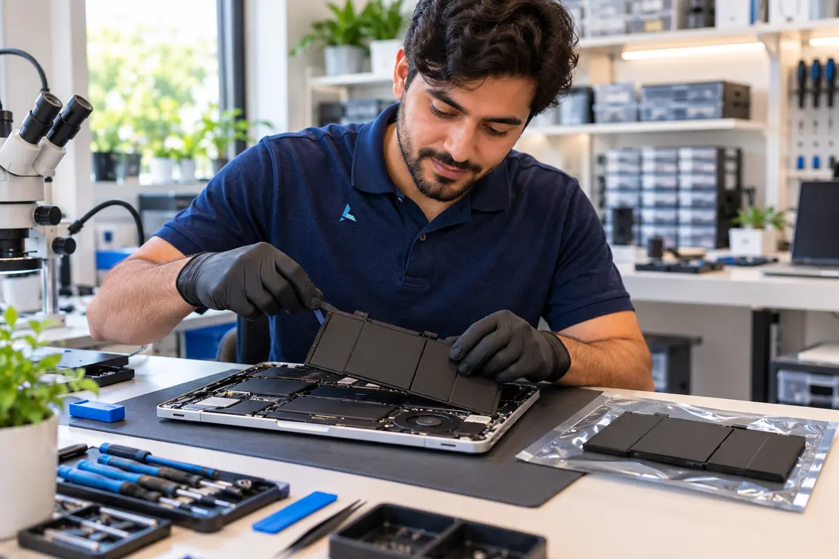 A technician lifting an old battery out of a laptop beside the new replacement