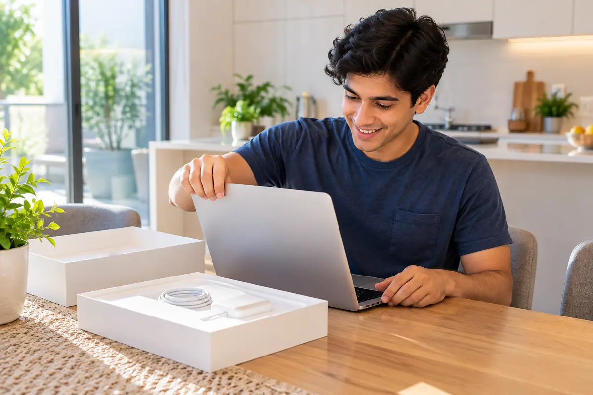 A customer unboxing a new laptop and using it straight away
