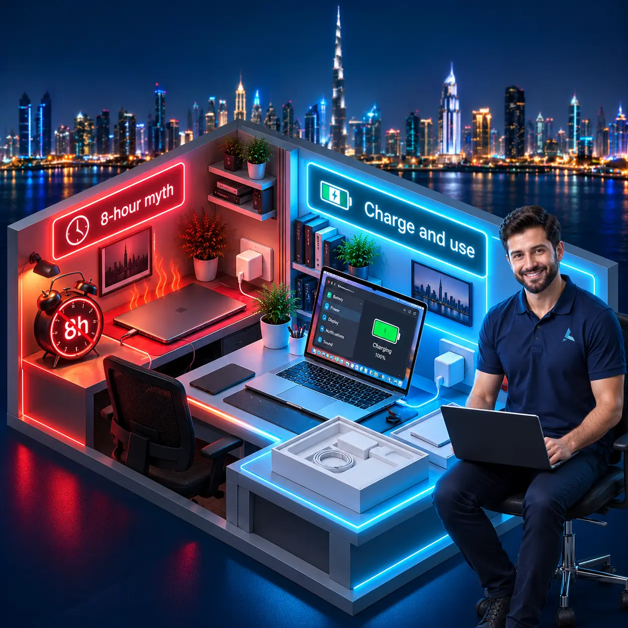 Isometric cutaway of a new MacBook Air charging on a desk: the 8-hour first-charge myth with an alarm clock and a hot laptop on the red side, the laptop in use while charging with its battery settings open on the cyan side, and an Azizi Technologies engineer