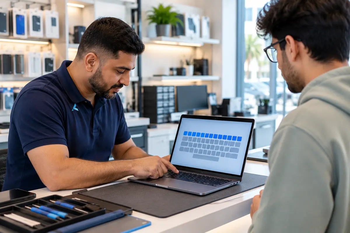 A technician testing a customer's top-row keys at the walk-in counter