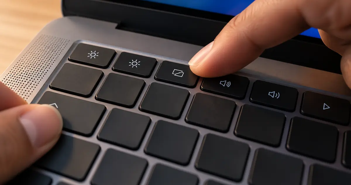 Fingers holding the modifier key while pressing a top-row key with icons on a laptop