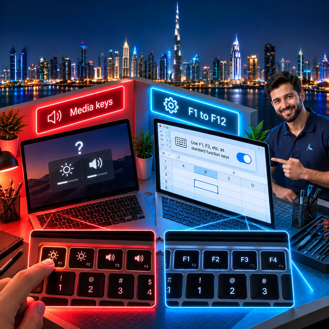 Isometric cutaway of a Mac keyboard top row: function keys firing brightness and volume on the red side, the standard function keys setting switched on and F1 to F12 working in a spreadsheet on the cyan side, with an Azizi Technologies engineer pointing at the setting