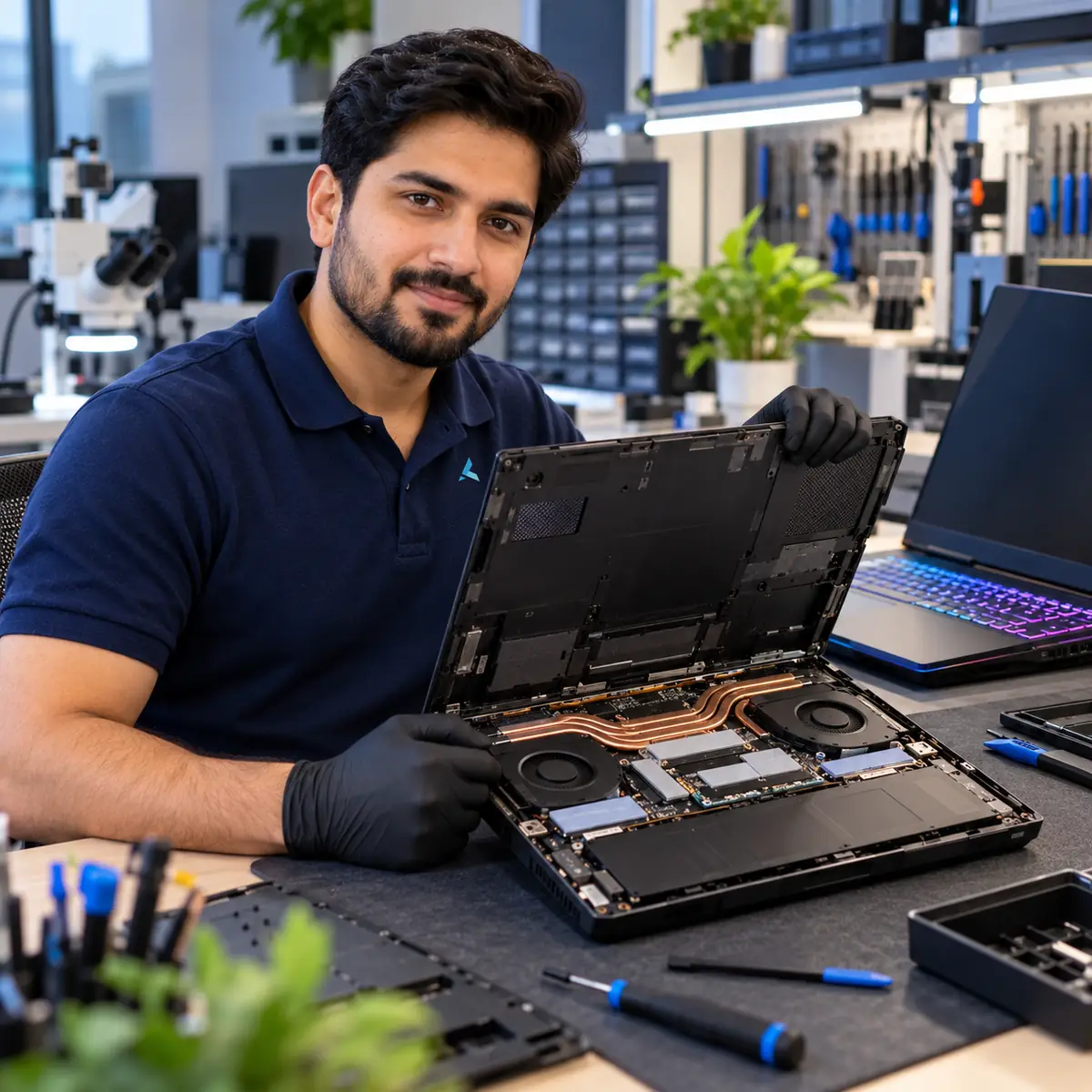 Gaming laptop repair in Dubai: Azizi technician with an opened gaming laptop showing fans, heat pipes and fresh thermal pads