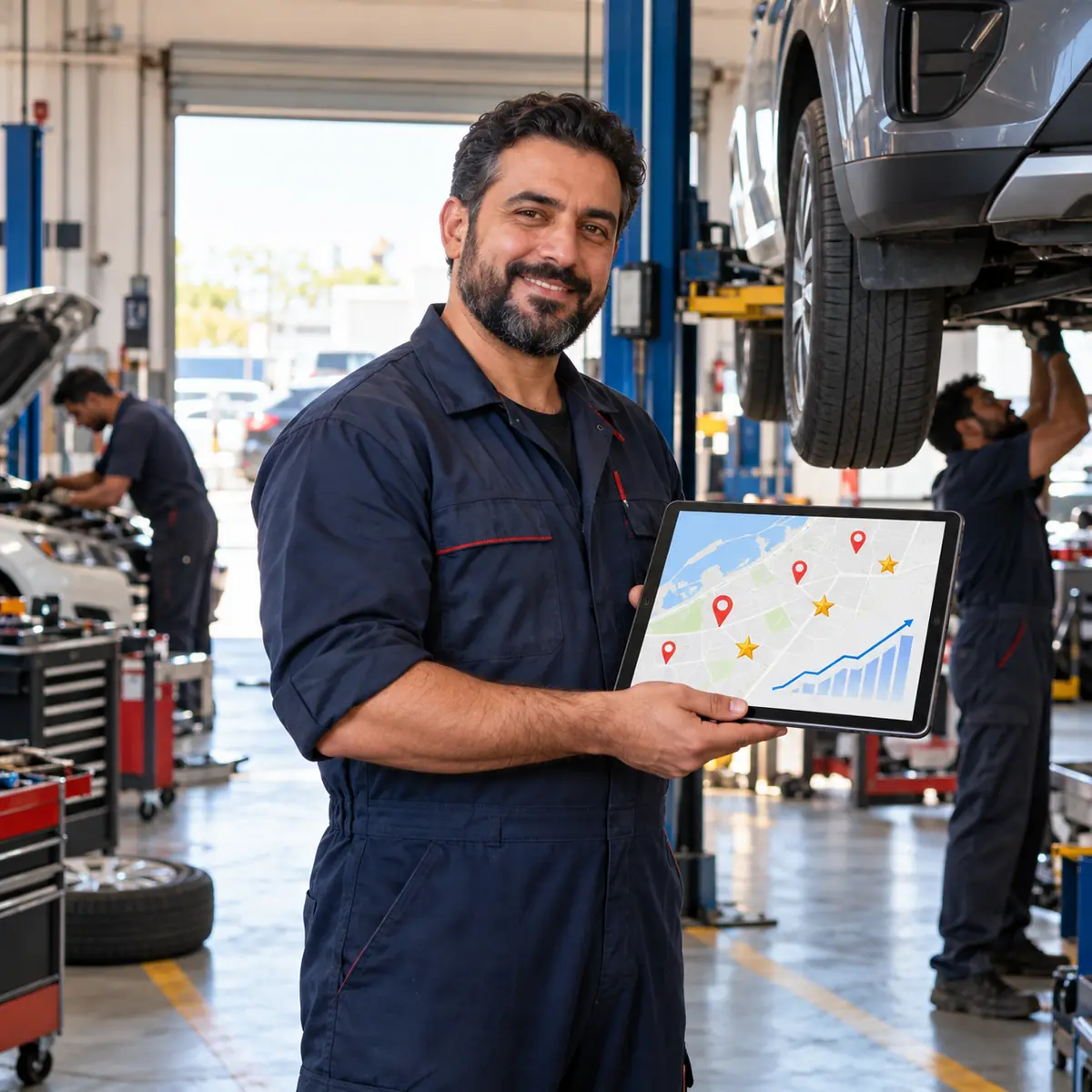 Dubai garage owner pleased with his map pack rankings and rising search traffic on a tablet