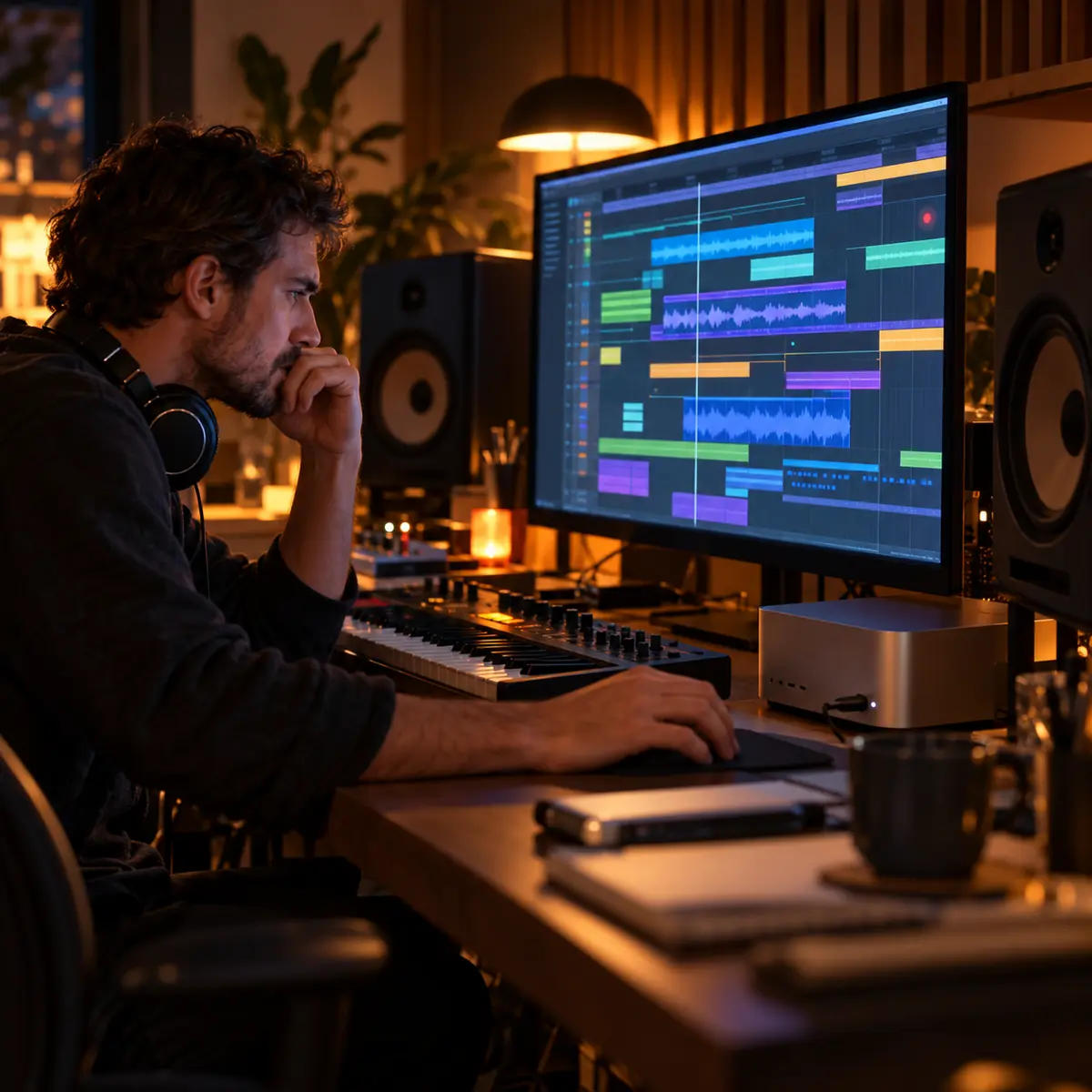 Music producer at a Mac Studio frowning at a disk overload warning in his Ableton Live session