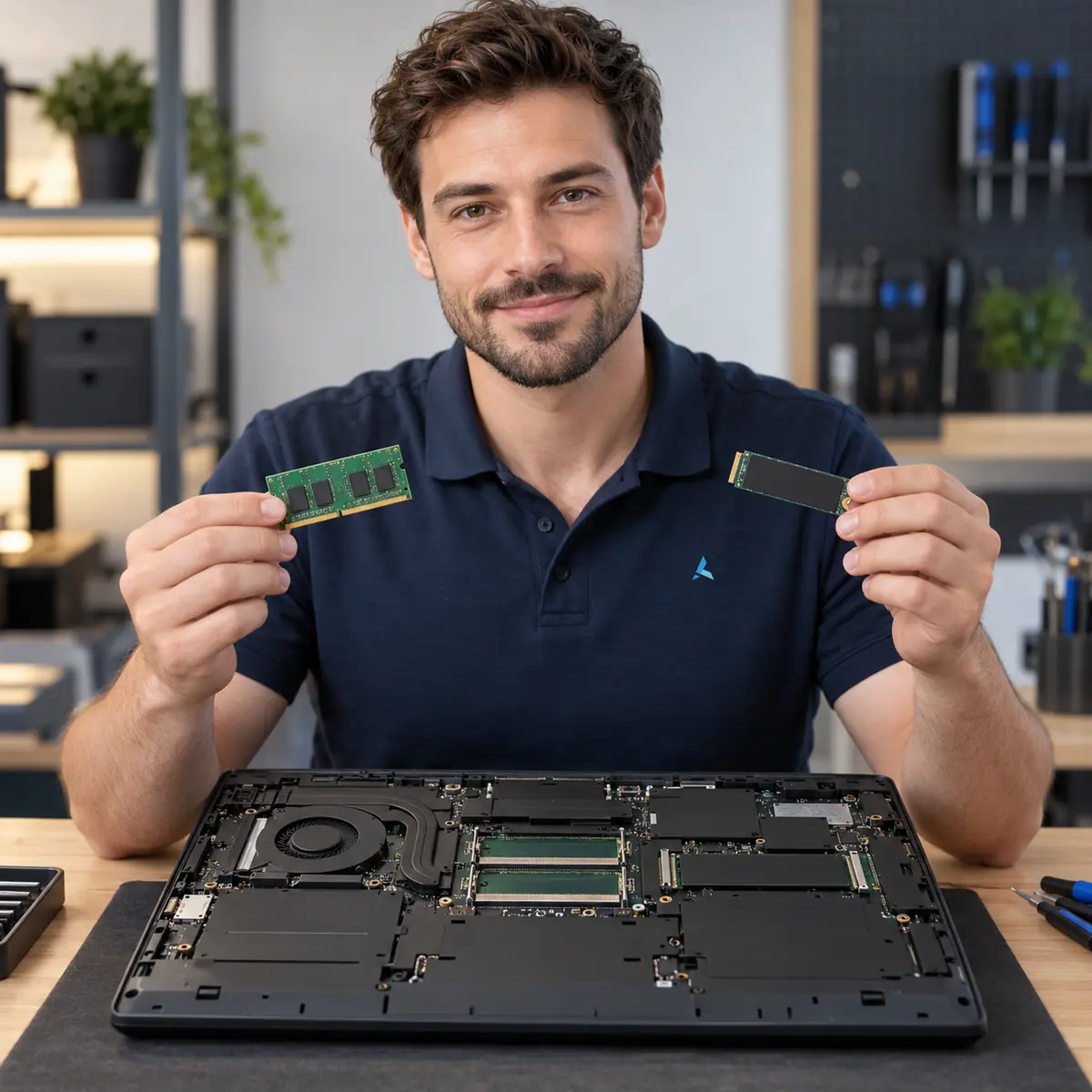 Laptop hardware upgrade in Dubai: Azizi technician holding a RAM stick and an M.2 SSD over an opened Windows laptop