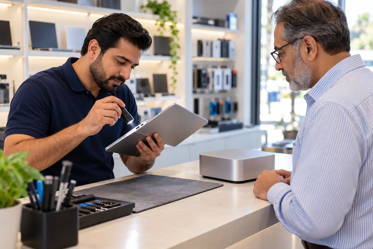 A technician checking a laptop's ports for a customer at the walk-in counter