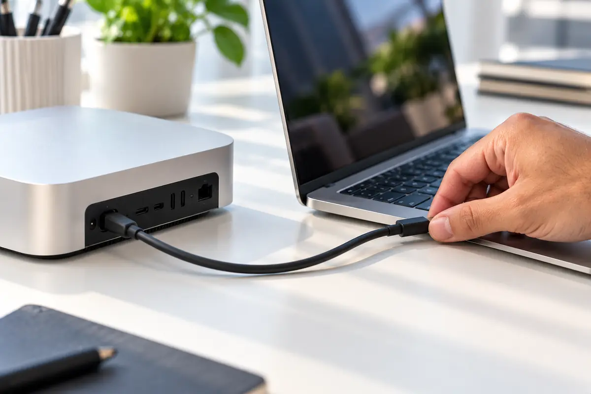 A single cable linking a compact desktop computer and a laptop on a desk