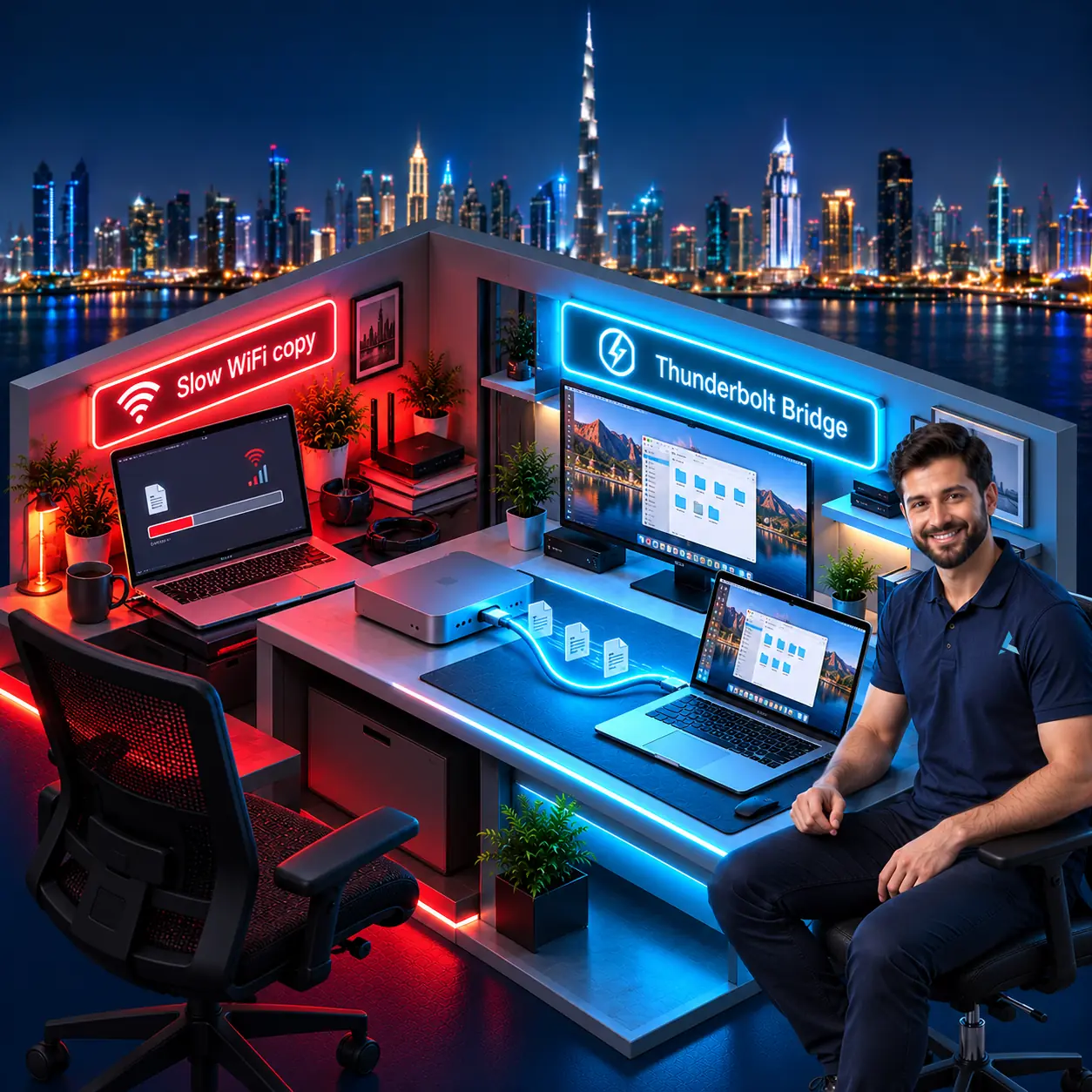 Isometric cutaway of a Mac mini and a MacBook Air joined by one Thunderbolt cable with files flowing between them, a slow WiFi copy on the red side, and an Azizi Technologies engineer at the desk