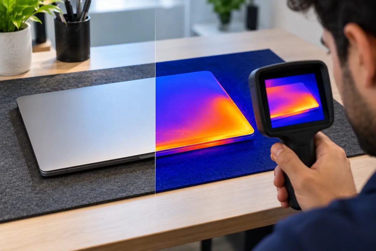 Thermal camera showing a fanless MacBook Air shedding heat through its aluminium case