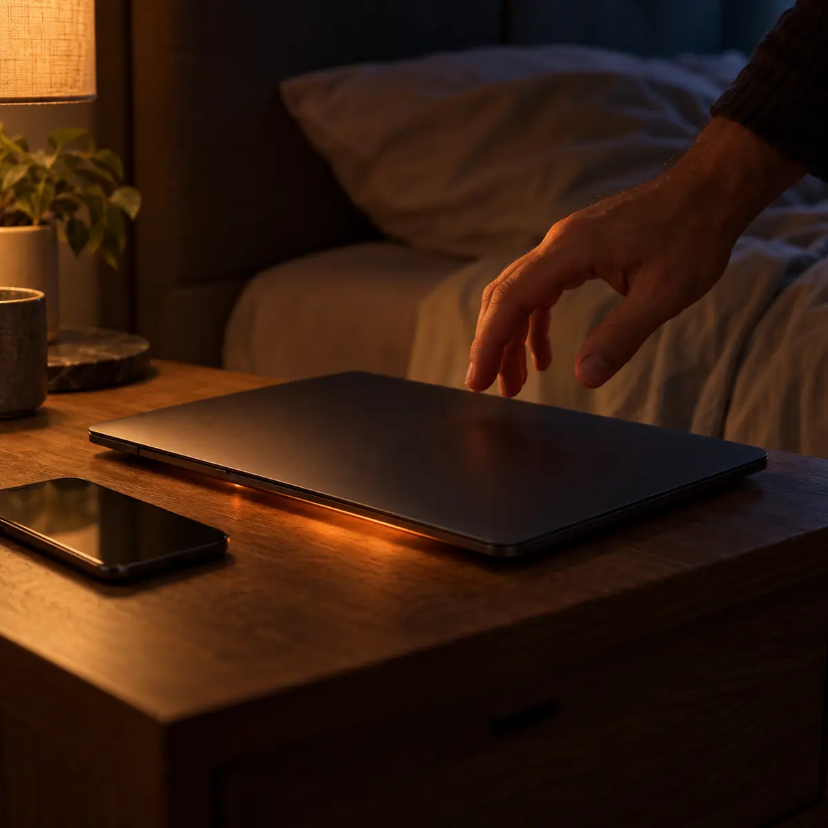 Closed MacBook Air M2 still running warm overnight on a bedside table