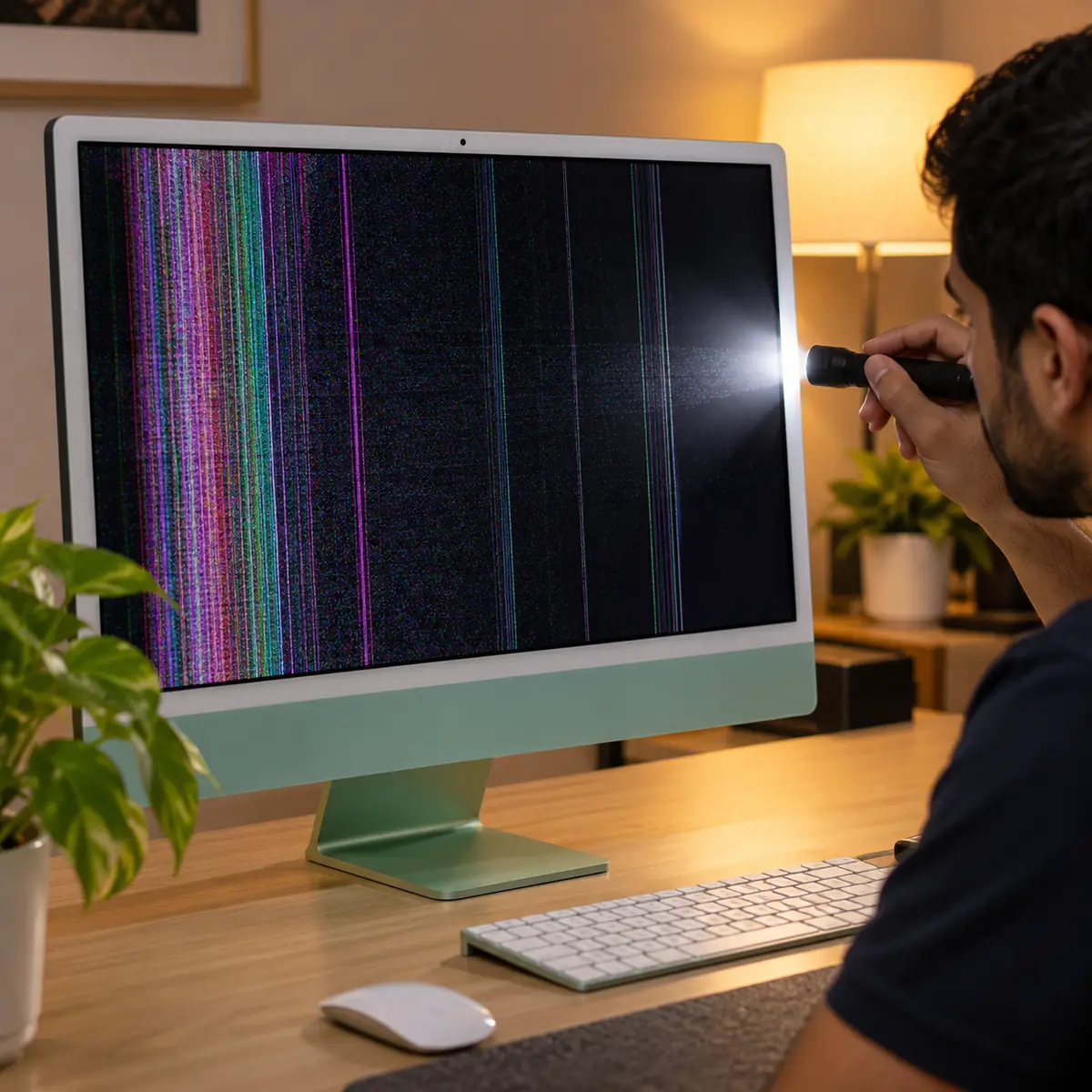 24-inch iMac M1 with a failed screen of coloured lines, checked with a torch for a faint image