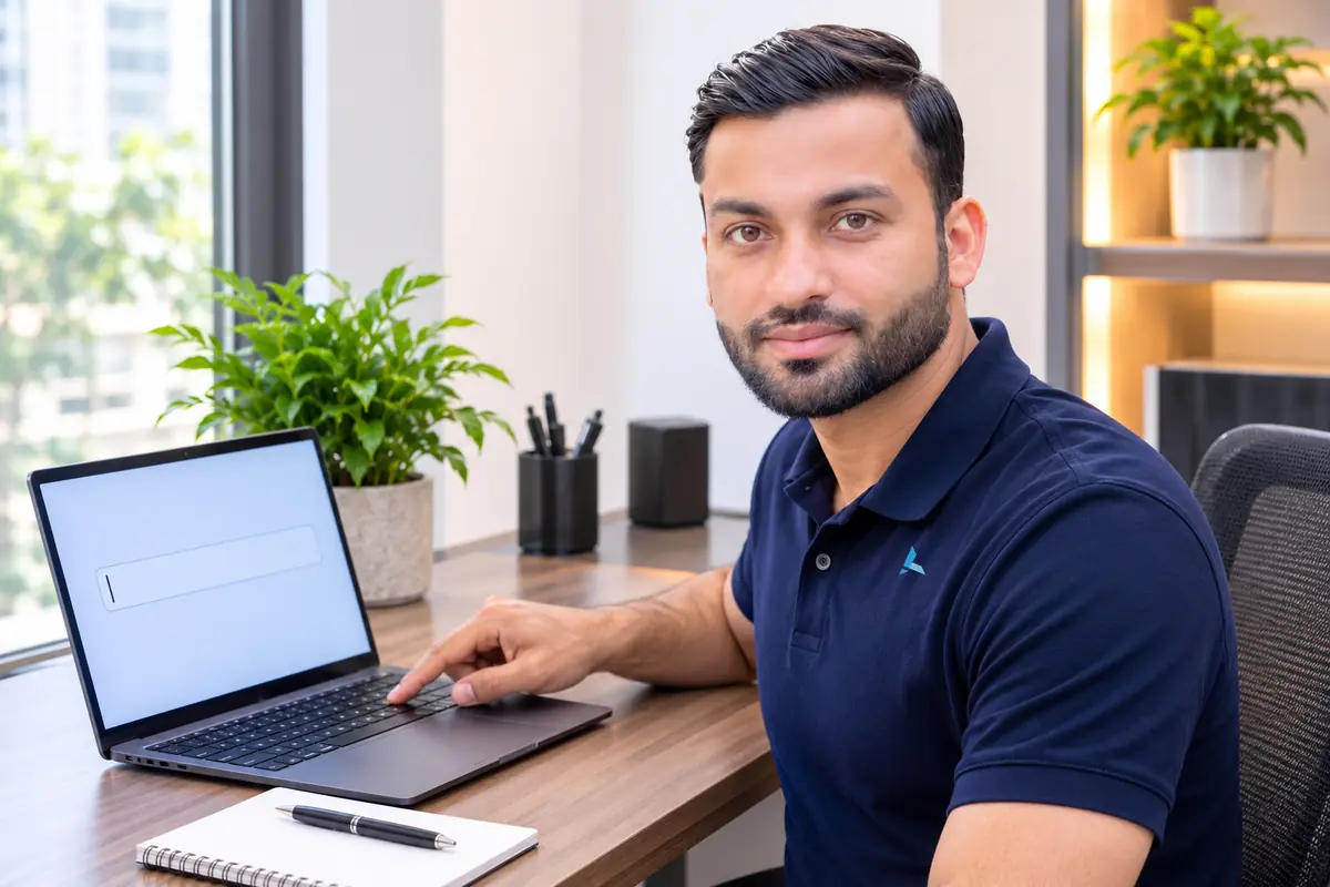 Aziz at a desk pressing a single key on a laptop while the screen shows an empty text field, testing whether the key still registers