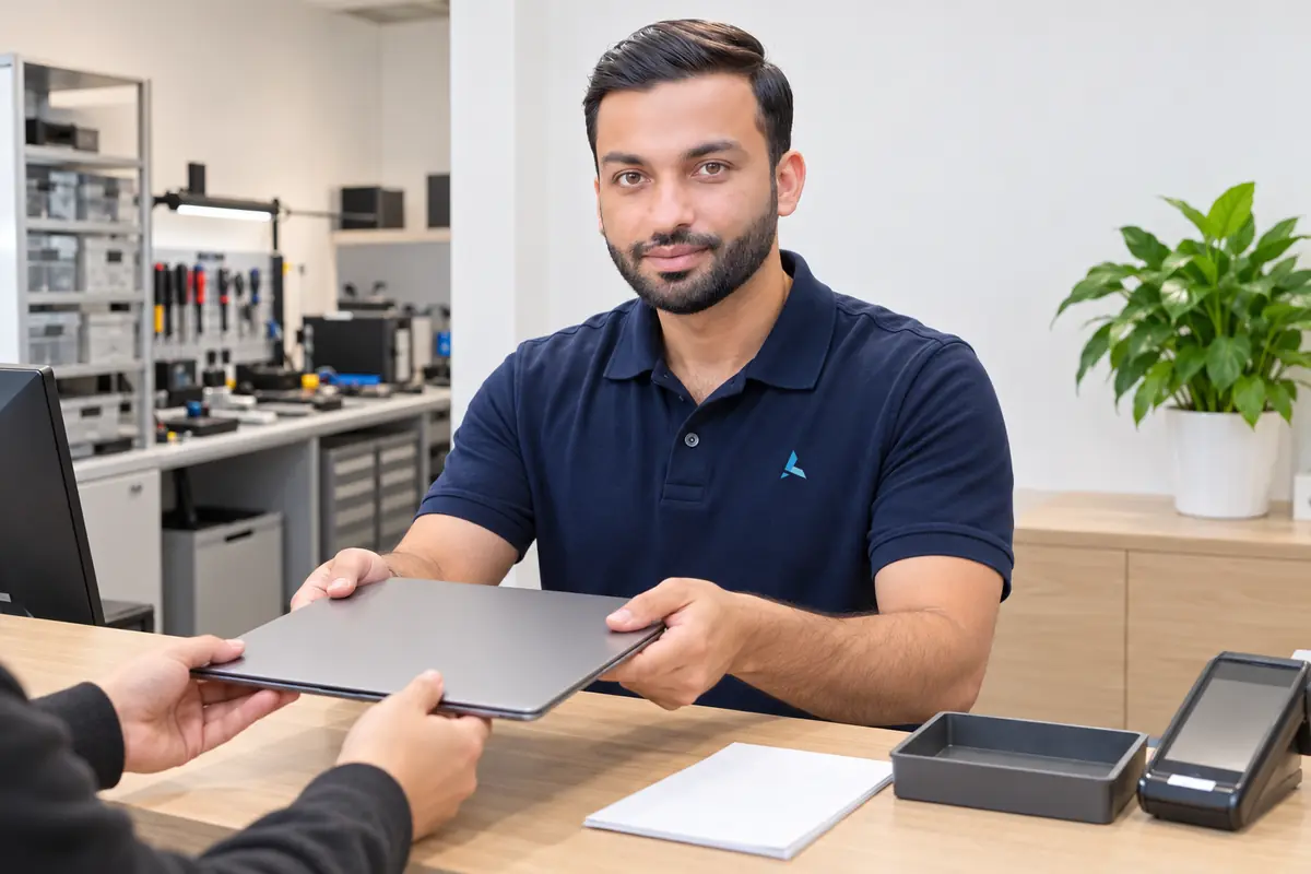 Aziz handing a repaired laptop back across the pick-up counter to a customer, with only the customer's hands in the frame
