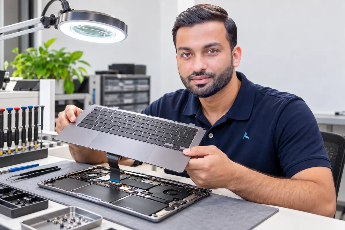 Aziz at a repair bench holding up a laptop keyboard and top case lifted out, with the open laptop and its ribbon cable on an anti-static mat