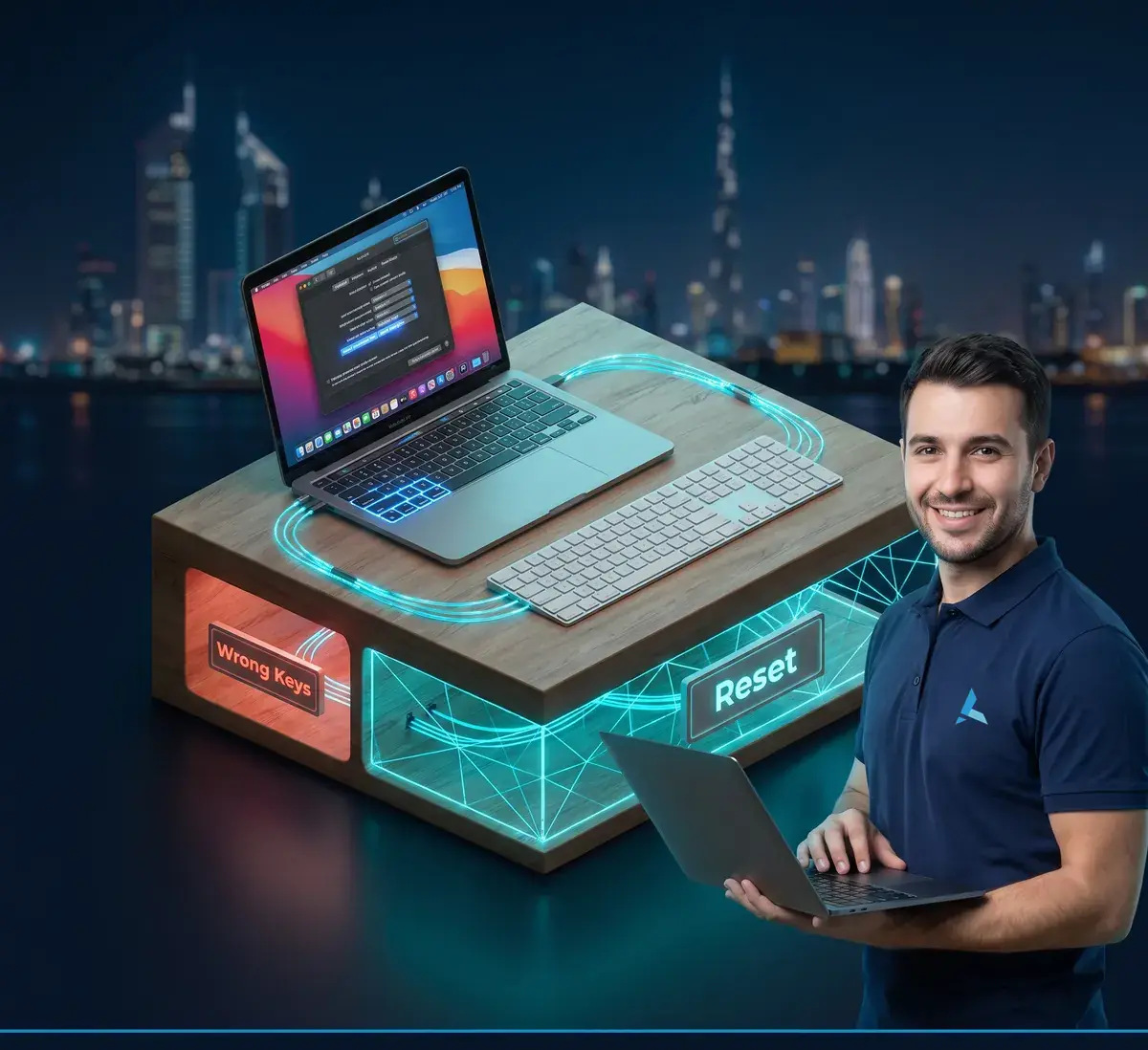 Isometric cutaway of a MacBook showing macOS keyboard settings being reset to defaults, with an Azizi Technologies Dubai engineer alongside