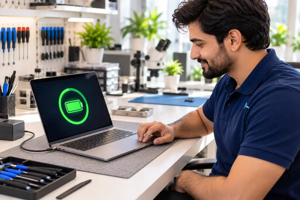 Azizi technician checking a MacBook on charge after a new battery is fitted, the screen showing a full battery