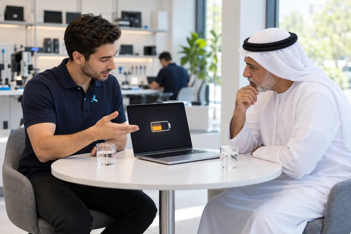 Azizi technician in Dubai explaining a MacBook's battery health to a customer before quoting