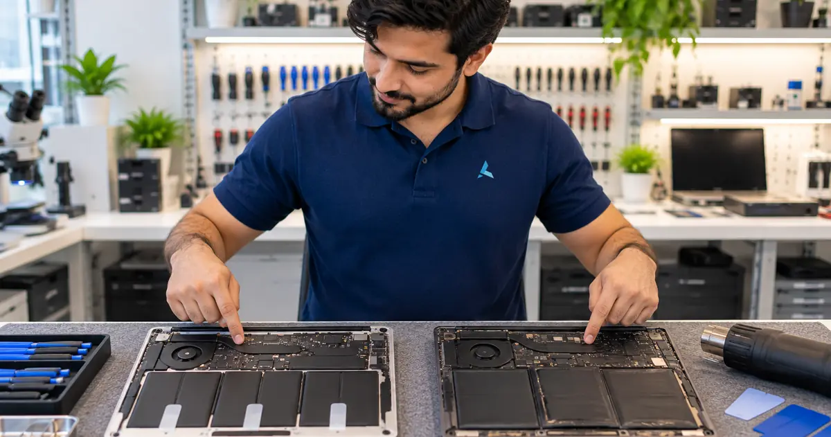 MacBook battery cost in Dubai depends on the model: Azizi technician comparing a pull-tab battery with a glued one