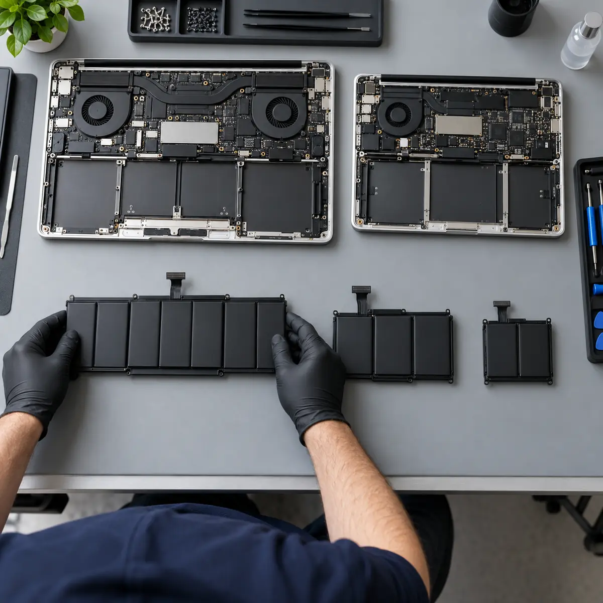 MacBook battery replacement cost in Dubai depends on the pack: three replacement batteries of different sizes beside two opened MacBooks
