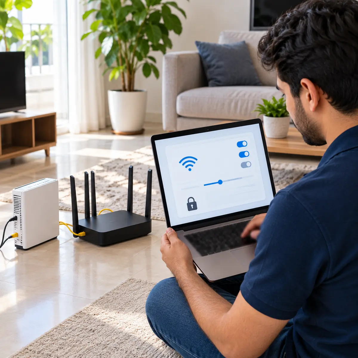 Setting up a new WiFi router behind the ISP fibre modem in a Dubai apartment from a laptop