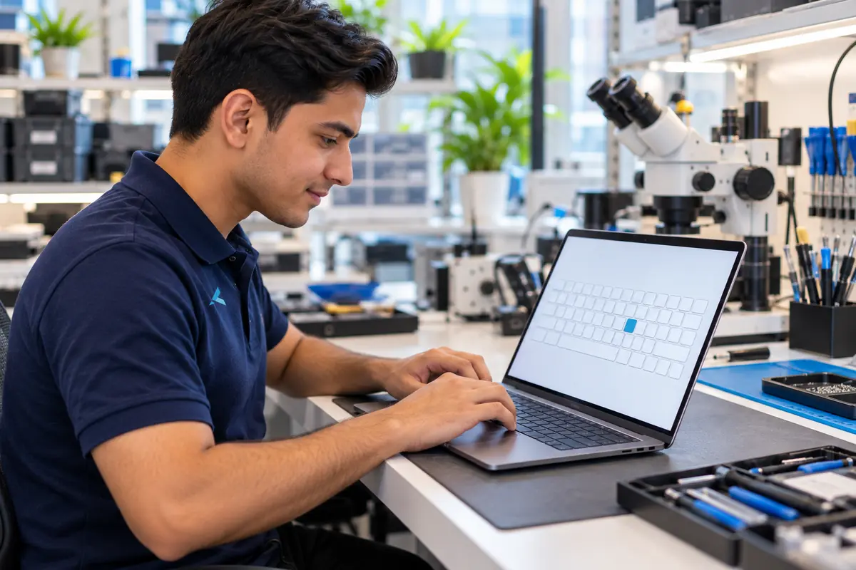 An Azizi technician testing a laptop keyboard for a repeating key on a key-tester screen