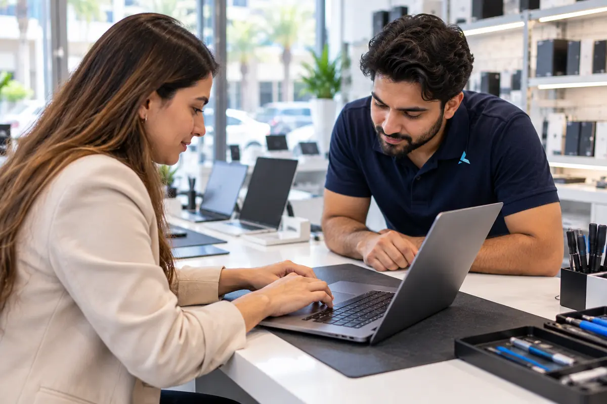 A customer showing a technician a repeating key on her laptop at the walk-in counter