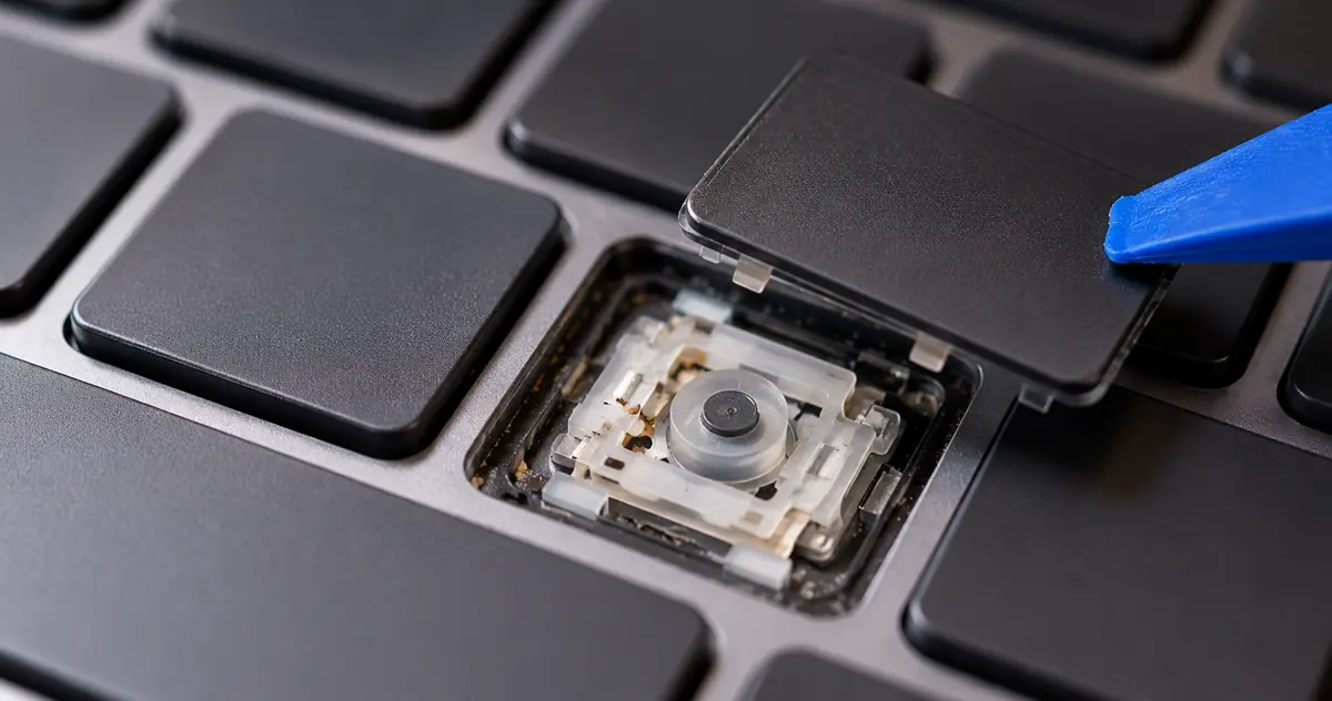 A lifted keycap showing dust and a crumb caught in the key switch underneath