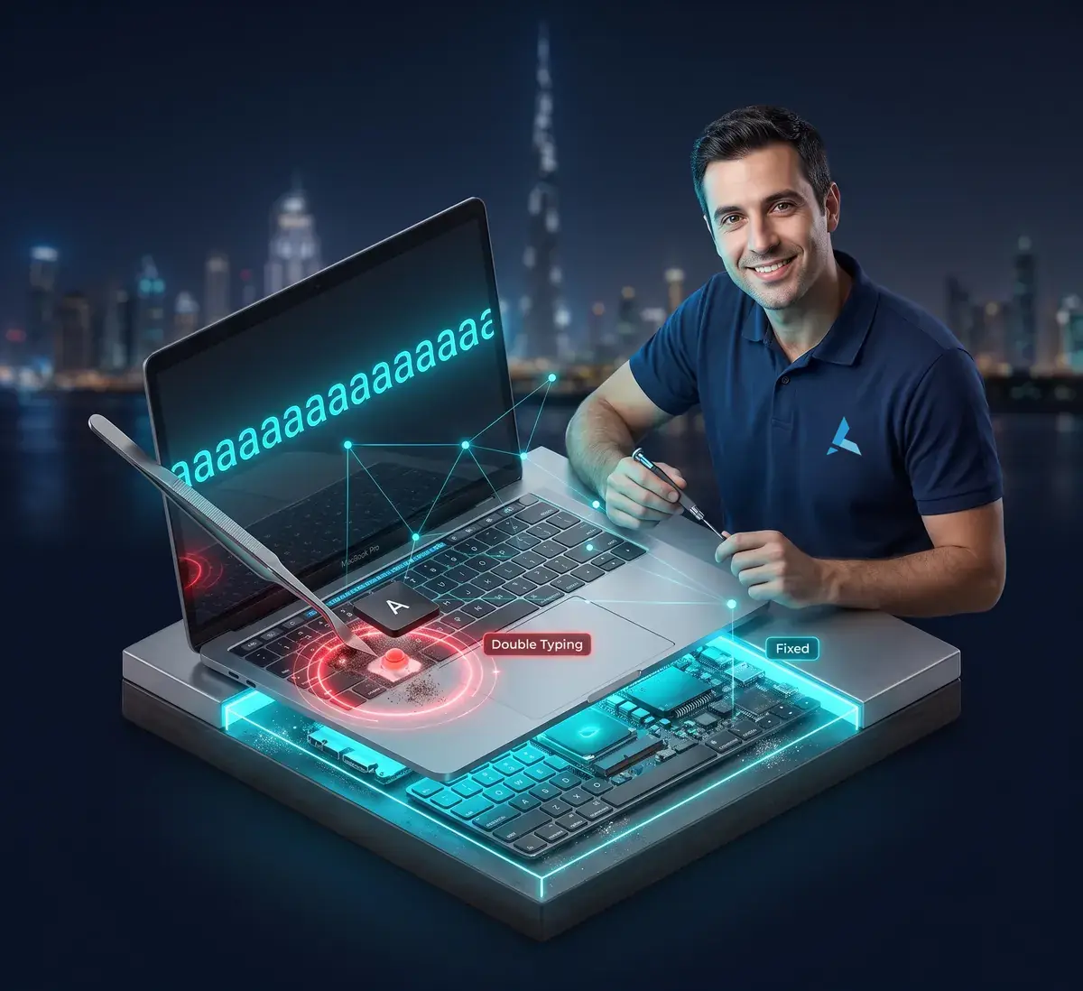 Isometric cutaway of a MacBook keyboard on an Azizi Technologies Dubai workbench, one keycap lifted to show dust under the dome switch causing double typing