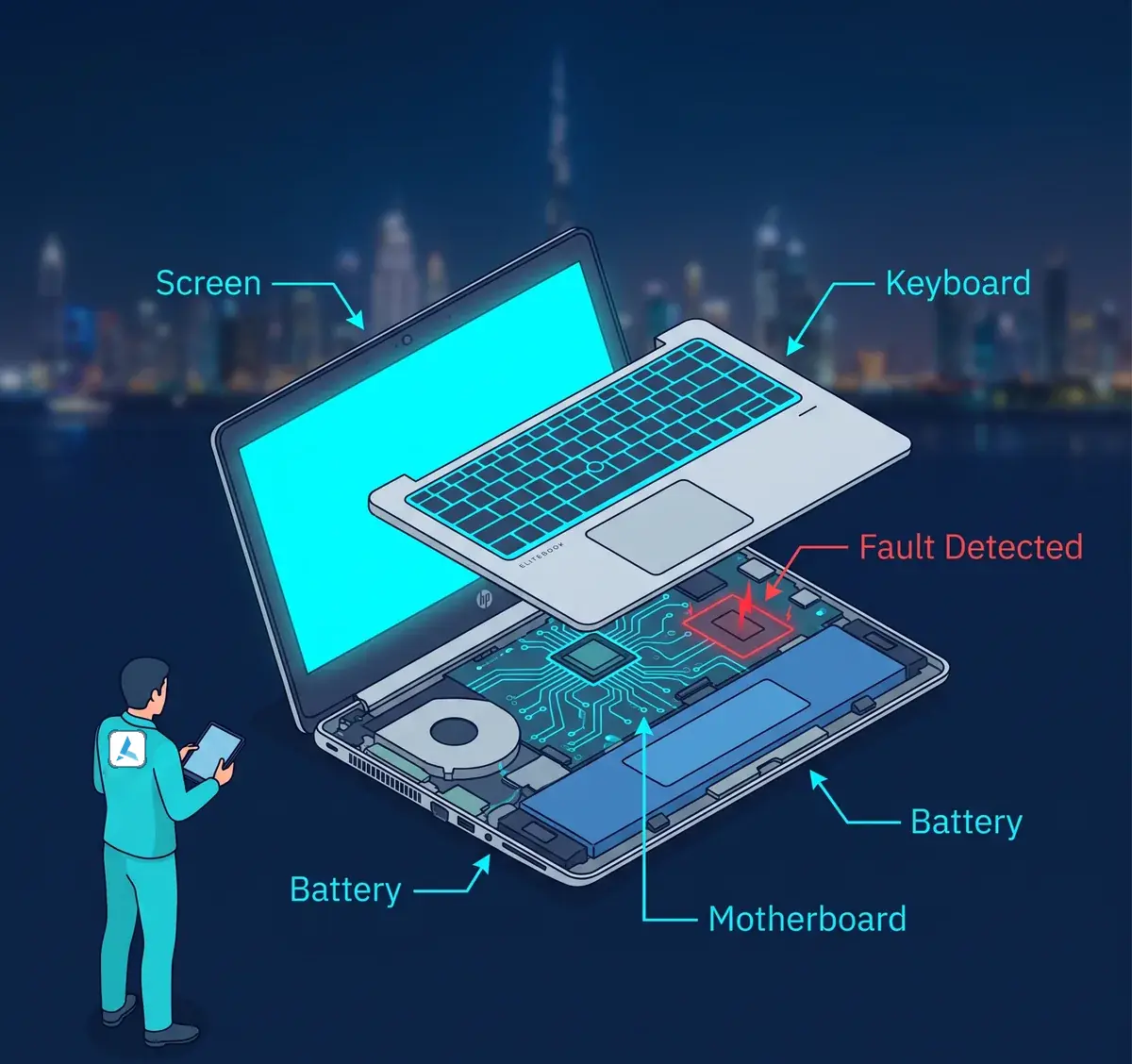 Azizi Technologies HP laptop service center in Dubai: an HP EliteBook opened for screen, battery, keyboard and motherboard repair with a detected fault highlighted