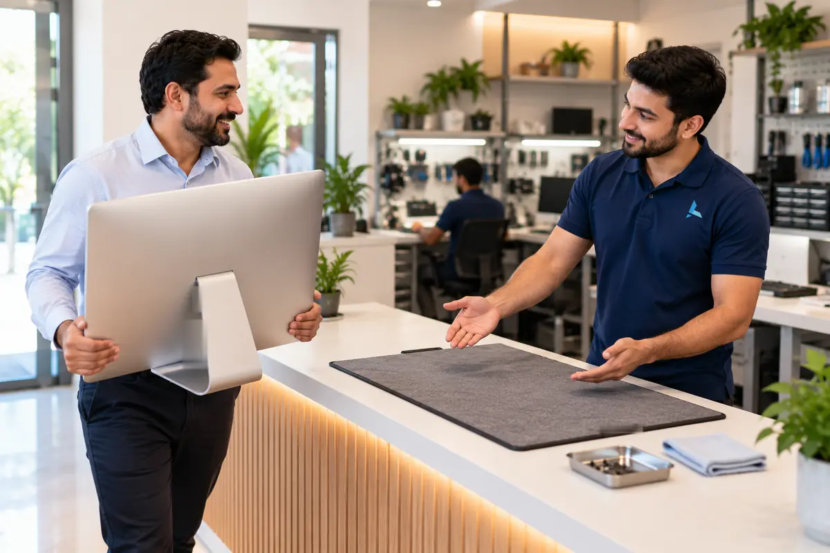 Customer carrying his iMac into the Azizi workshop in Dubai for a free diagnosis