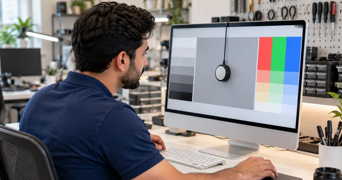 Azizi technician checking an all-in-one display's colour with a calibration sensor at the workshop bench
