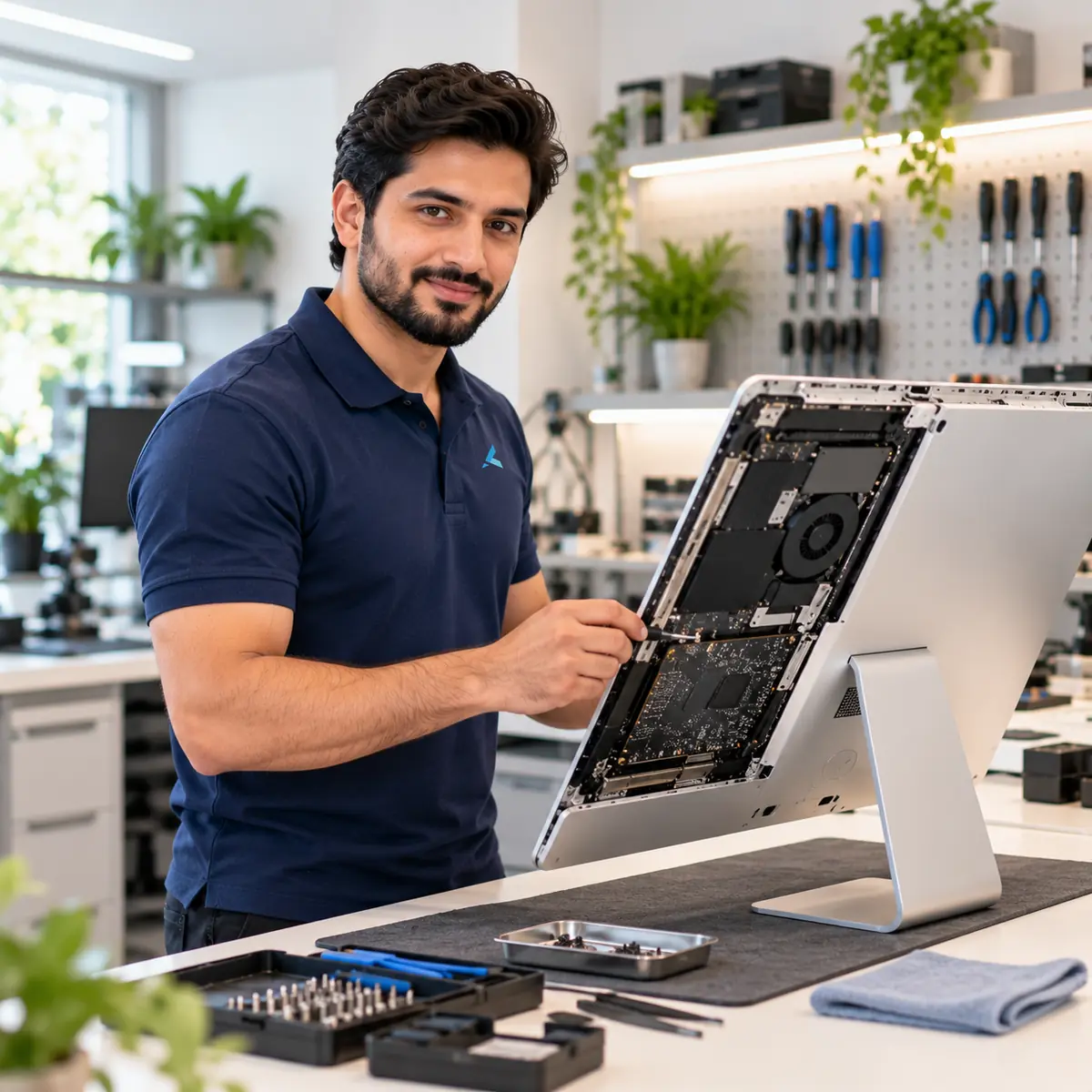 iMac repair in Dubai: Azizi technician at the bench with an opened iMac on a service stand