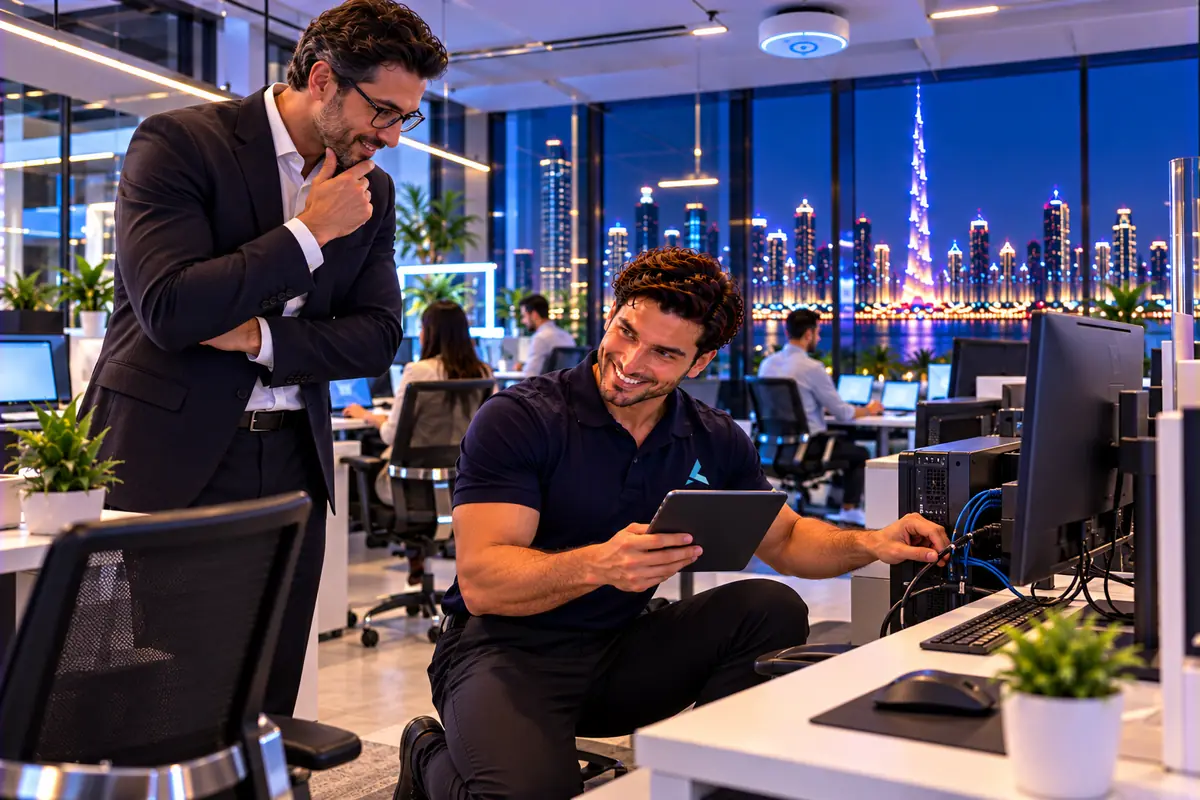 Azizi engineer checking an office workstation during a free IT assessment while the business owner watches