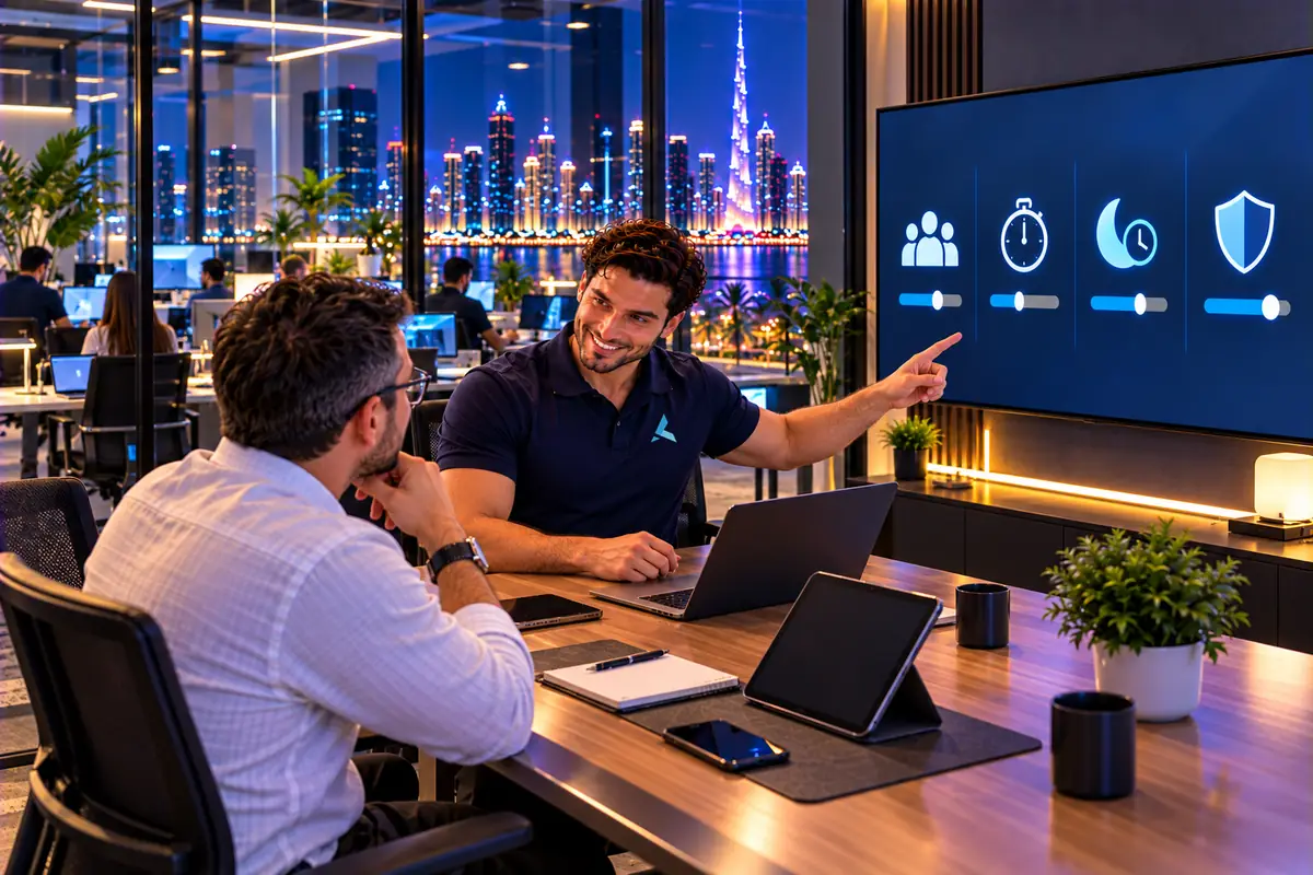 Azizi engineer walking a Dubai business owner through the four things that set an IT AMC price: users, response time, out-of-hours cover and security scope